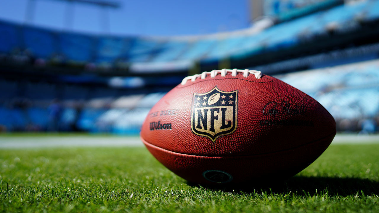 CHARLOTTE, NORTH CAROLINA - NOVEMBER 03: A football with the NFL logo before the game between the Carolina Panthers and the Tennessee Titans at Bank of America Stadium on November 03, 2019 in Charlotte, North Carolina.