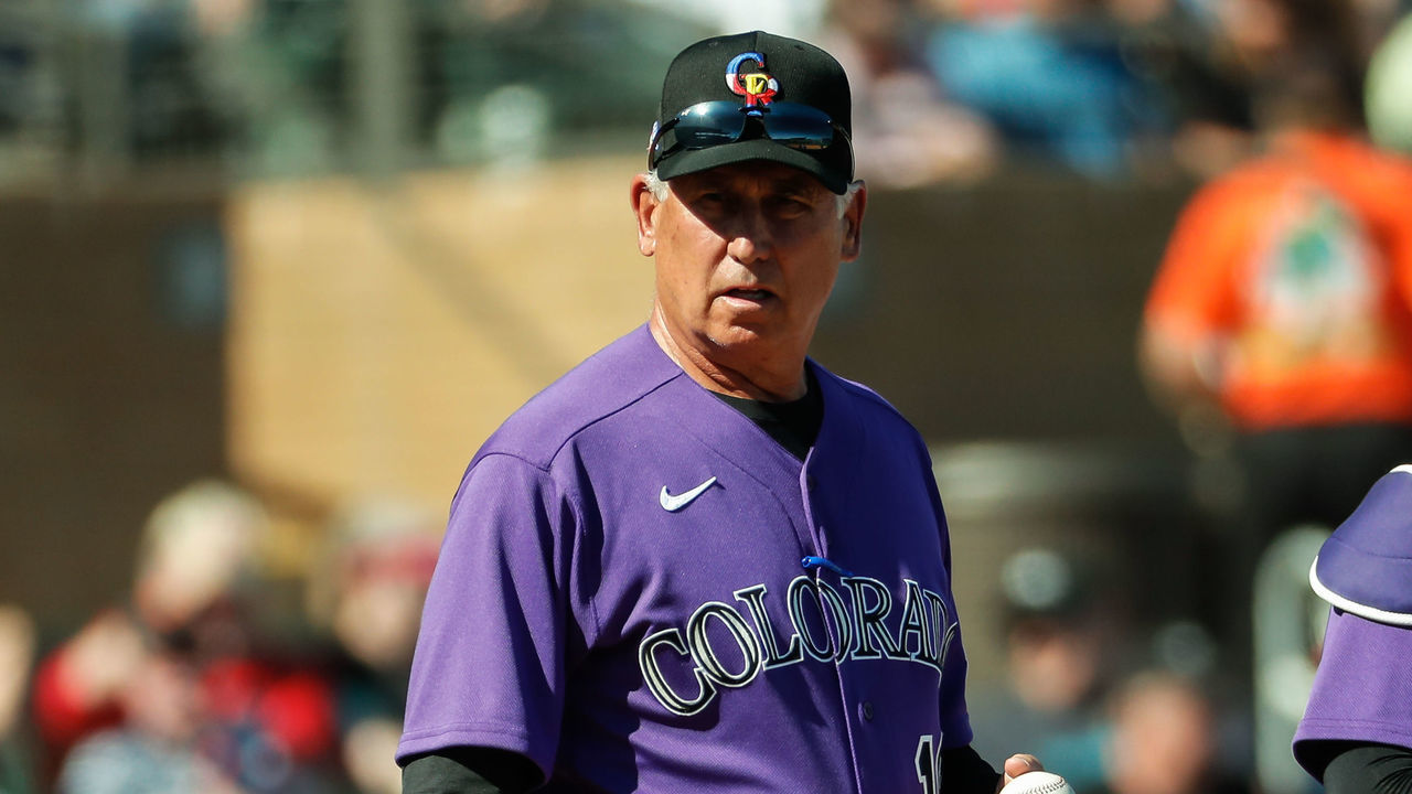 SCOTTSDALE, AZ - MARCH 03: Colorado Rockies manager Bud Black (10) looks on during the spring training MLB baseball game between the Chicago Cubs and the Colorado Rockies on March 3, 2020 at Salt River Fields at Talking Stick in Scottsdale, Arizona.