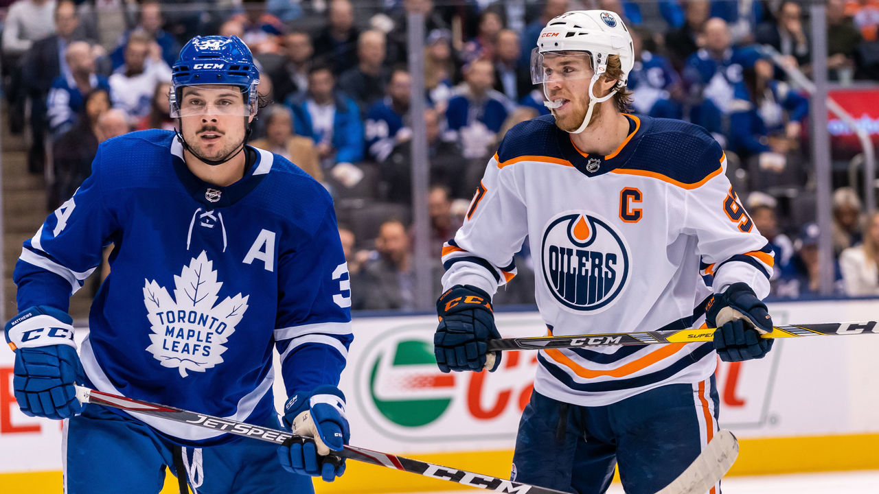 TORONTO, ON - JANUARY 6: Connor McDavid #97 of the Edmonton Oilers looks at Auston Matthews #34 of the Toronto Maple Leafs during the third period at the Scotiabank Arena on January 6, 2020 in Toronto, Ontario, Canada.