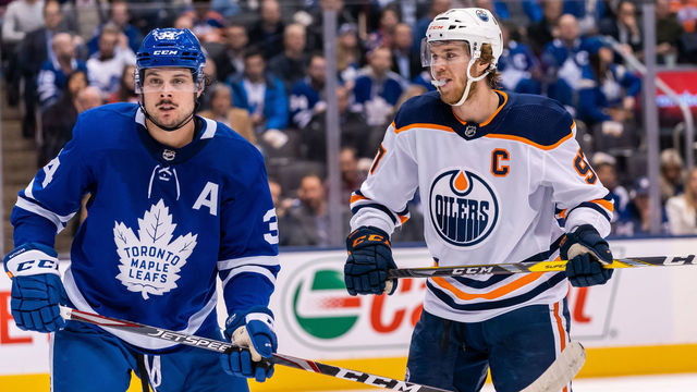 TORONTO, ON - JANUARY 6: Connor McDavid #97 of the Edmonton Oilers looks at Auston Matthews #34 of the Toronto Maple Leafs during the third period at the Scotiabank Arena on January 6, 2020 in Toronto, Ontario, Canada.