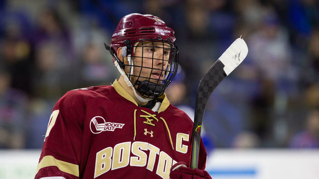 LOWELL, MA - JANUARY 17: David Cotton #17 of the Boston College Eagles skates against the Massachusetts Lowell River Hawks during NCAA men's hockey at the Tsongas Center on January 17, 2020 in Lowell, Massachusetts. The Eagles won 3-2 after trailing 2-0 in the first period.