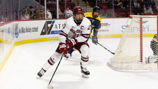 AMHERST, MA - NOVEMBER 22: Mitchell Chaffee #21 of the Massachusetts Minutemen skates against the Merrimack College Warriors during NCAA men's hockey at the Mullins Center on November 22, 2019 in Amherst, Massachusetts. The game ended in a 2-2 tie.