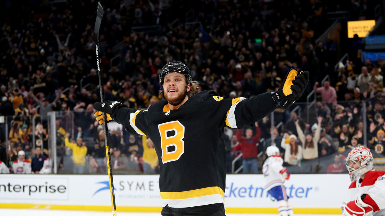 BOSTON, MASSACHUSETTS - DECEMBER 01: David Pastrnak #88 of the Boston Bruins celebrates after scoring a goal against the Montreal Canadiens during the third period at TD Garden on December 01, 2019 in Boston, Massachusetts. The Bruins defeat the Canadiens 3-1.