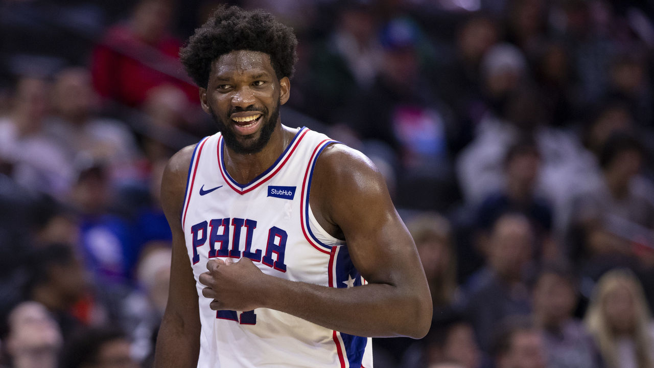 PHILADELPHIA, PA - OCTOBER 18: Joel Embiid #21 of the Philadelphia 76ers reacts against the Washington Wizards in the second quarter of the preseason game at the Wells Fargo Center on October 18, 2019 in Philadelphia, Pennsylvania. The Wizards defeated the 76ers 112-93.