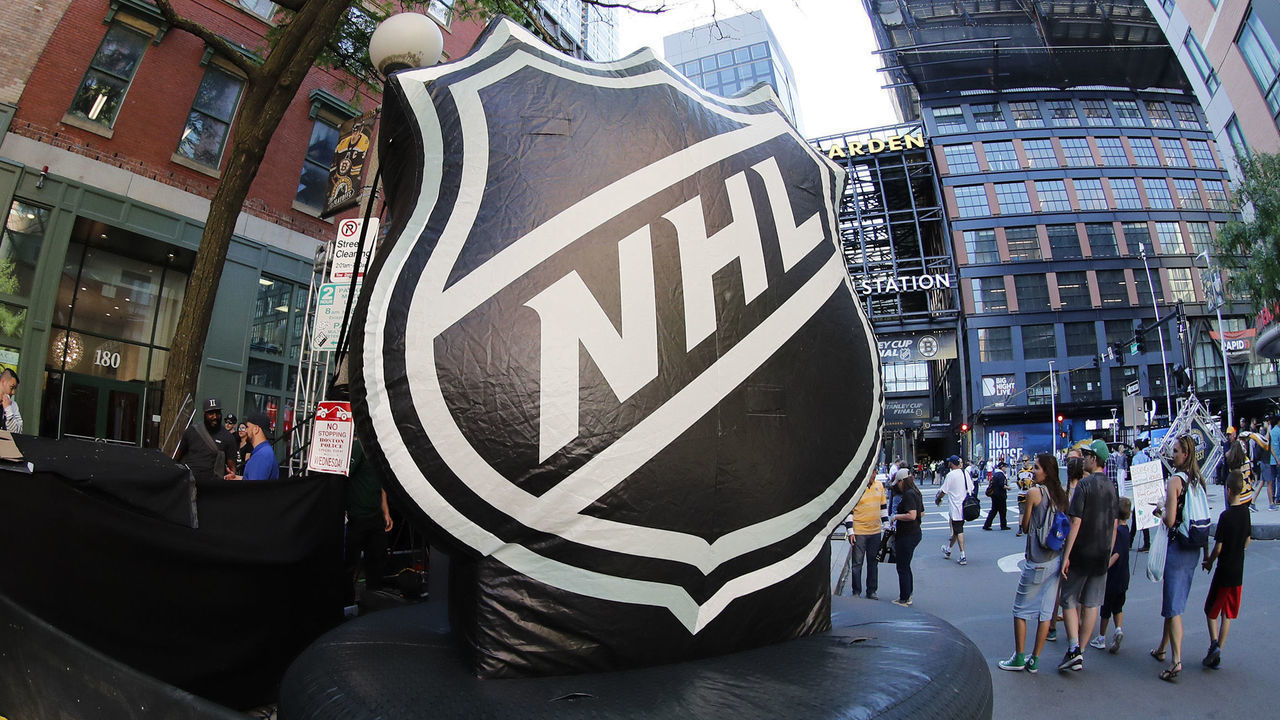 BOSTON, MA - JUNE 12: The NHL logo greets fans entering the Fan Zone on Canal Street before Game 7 of the Stanley Cup Final between the Boston Bruins and the St. Louis Blues on June 12, 2019, at TD Garden in Boston, Massachusetts.