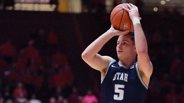 ALBUQUERQUE, NEW MEXICO - FEBRUARY 29: Sam Merrill #5 of the Utah State Aggies shoots against the New Mexico Lobos during their game at Dreamstyle Arena - The Pit on February 29, 2020 in Albuquerque, New Mexico.
