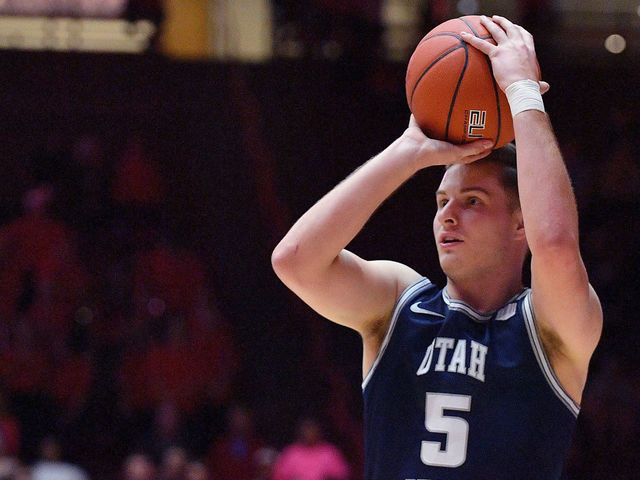 ALBUQUERQUE, NEW MEXICO - FEBRUARY 29: Sam Merrill #5 of the Utah State Aggies shoots against the New Mexico Lobos during their game at Dreamstyle Arena - The Pit on February 29, 2020 in Albuquerque, New Mexico.