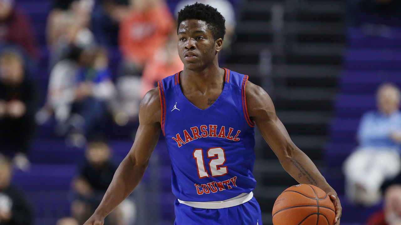 FORT MYERS, FLORIDA - DECEMBER 18: Zion Harmon of Marshall County High School dribbles with the ball against Fort Myers High School during the City of Palms Classic Day 1 at Suncoast Credit Union Arena on December 18, 2019 in Fort Myers, Florida.