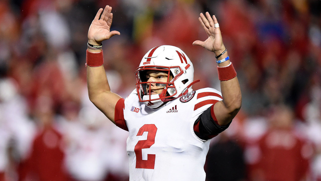 COLLEGE PARK, MD - NOVEMBER 23: Adrian Martinez #2 of the Nebraska Cornhuskers celebrates after a touchdown against the Maryland Terrapins on November 23, 2019 in College Park, Maryland.