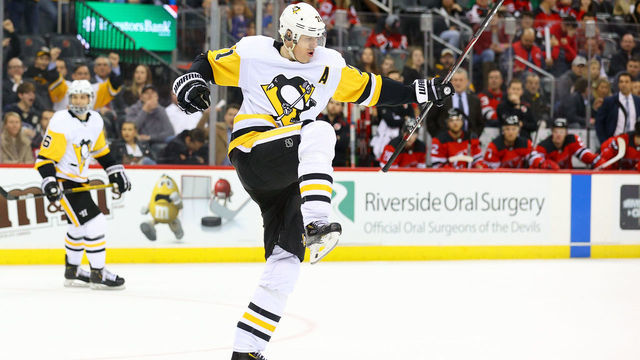 NEWARK, NJ - MARCH 10: Pittsburgh Penguins center Evgeni Malkin (71) celebrates after scoring his second goal of the third period of the National Hockey League game between the New Jersey Devils and the Pittsburgh Penguins on March 10, 2020 at the Prudential Center in Newark, NJ.