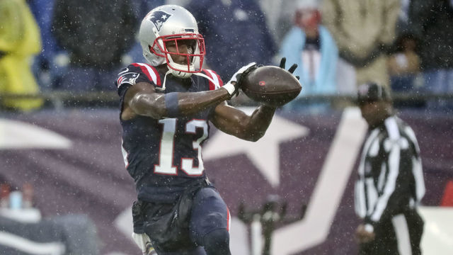 FOXBOROUGH, MA - OCTOBER 27: New England Patriots' Phillip Dorsett (13) makes a catch during pre-game warmups. The New England Patriots host the Cleveland Browns in a regular season NFL football game at Gillette Stadium in Foxborough, MA on Oct. 27, 2019.