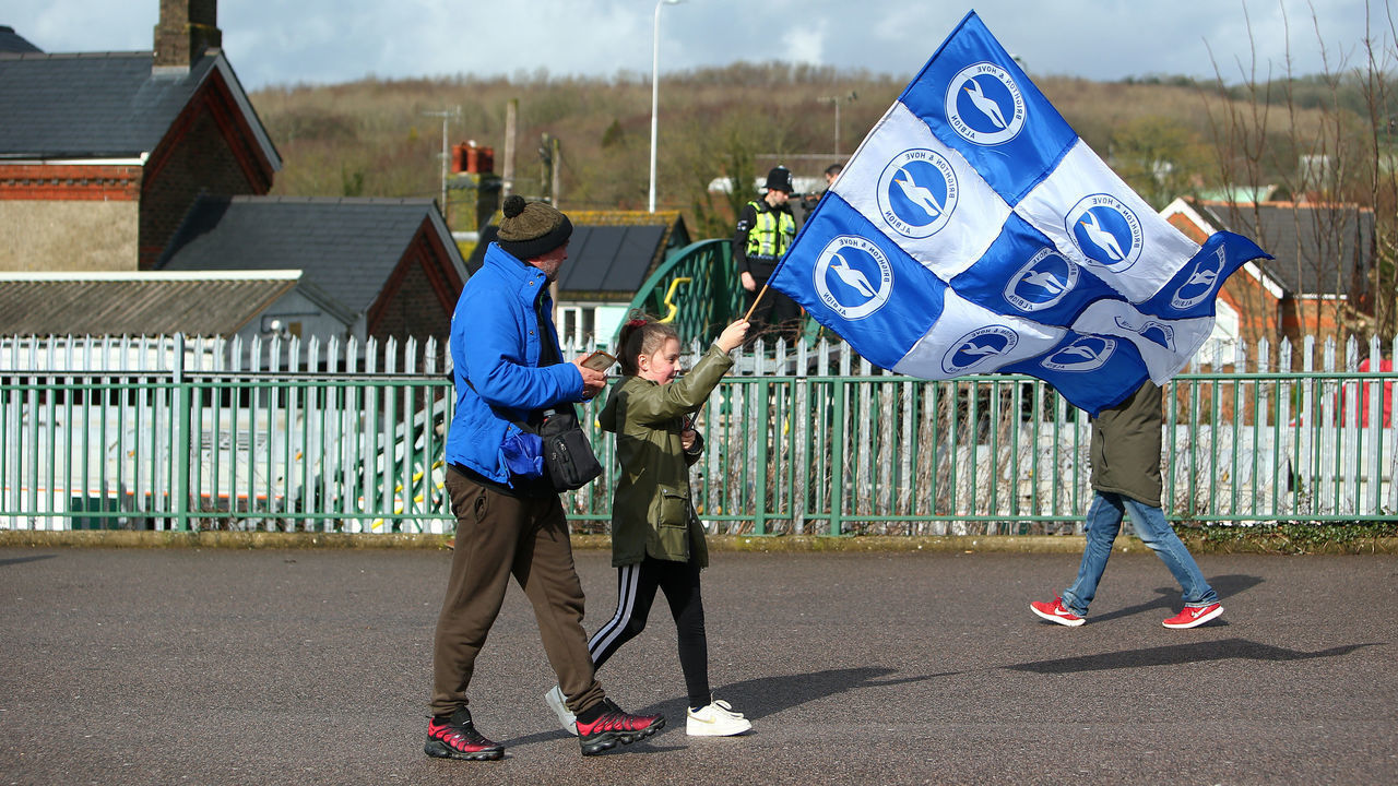 BRIGHTON, ENGLAND - FEBRUARY 29: Fans make their way to the stadium prior to the Premier League match between Brighton & Hove Albion and Crystal Palace at American Express Community Stadium on February 29, 2020 in Brighton, United Kingdom.