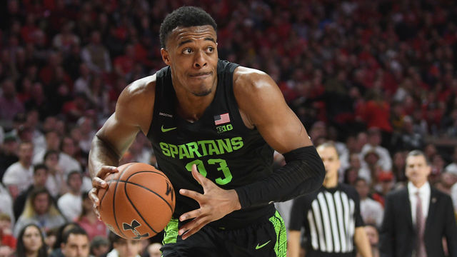 COLLEGE PARK, MD - FEBRUARY 29: Xavier Tillman Sr. #23 of the Michigan State Spartans handles the ball against the Maryland Terrapins at Xfinity Center on February 29, 2020 in College Park, Maryland.
