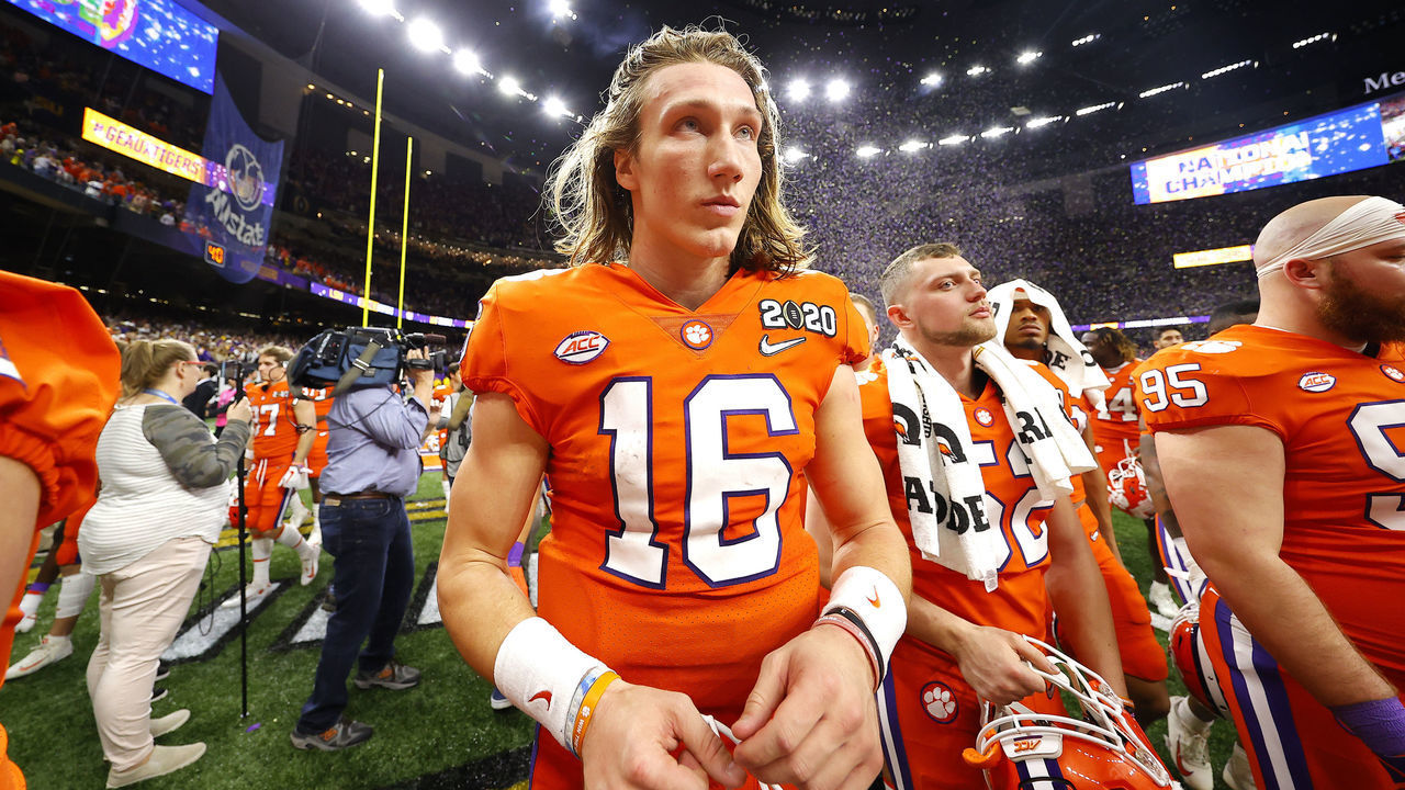 NEW ORLEANS, LOUISIANA - JANUARY 13: Trevor Lawrence #16 of the Clemson Tigers reacts after being defeated 42-25 by LSU Tigers in the College Football Playoff National Championship game at Mercedes Benz Superdome on January 13, 2020 in New Orleans, Louisiana.