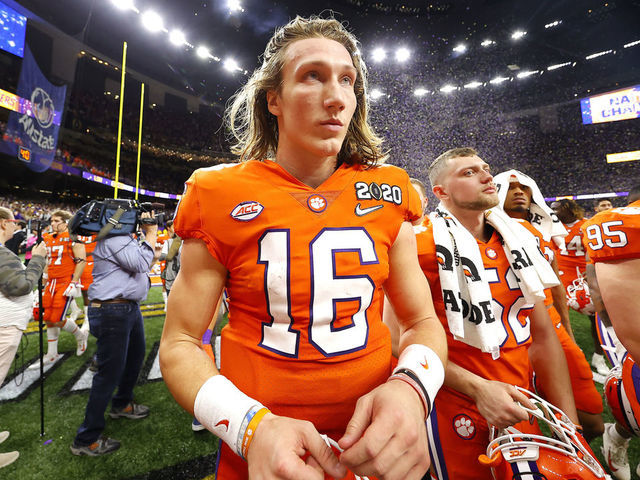 NEW ORLEANS, LOUISIANA - JANUARY 13: Trevor Lawrence #16 of the Clemson Tigers reacts after being defeated 42-25 by LSU Tigers in the College Football Playoff National Championship game at Mercedes Benz Superdome on January 13, 2020 in New Orleans, Louisiana.
