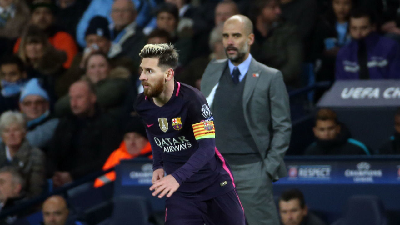 Manchester City v Barcelona, UEFA Champions League, Group C, Etihad Stadium, Manchester City manager Pep Guardiola watches Barcelona's Lionel Messi
