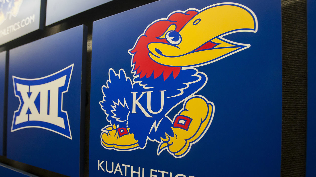 LAWRENCE, KS - DECEMBER 04: A Jayhawk branded emblem along with a Big 12 logo in the media interview room prior to the game between the Wofford Terriers and the Kansas Jayhawks on Tuesday December 4, 2018 at Allen Fieldhouse in Lawrence, Kansas.