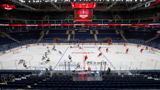 MOSCOW, RUSSIA - MARCH 12, 2020: Empty stands of CSKA Arena ahead of Leg 6 of the 2019/20 KHL Western Conference quarterfinal playoff tie between HC Spartak Moscow and HC Dynamo Moscow. The match is played with empty stands due to the COVID-19 coronavirus outbreak. According to a decree by Moscow Mayor Sergei Sobyanin public events with over 5 thousand participants are banned in Moscow due to the coronavirus threat till April 10, 2020. Anton Novoderezhkin/TASS