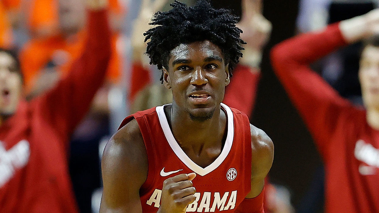 AUBURN, ALABAMA - FEBRUARY 12: Kira Lewis Jr. #2 of the Alabama Crimson Tide reacts after hitting a three-point basket in the second half against the Auburn Tigers at Auburn Arena on February 12, 2020 in Auburn, Alabama.