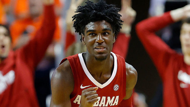 AUBURN, ALABAMA - FEBRUARY 12: Kira Lewis Jr. #2 of the Alabama Crimson Tide reacts after hitting a three-point basket in the second half against the Auburn Tigers at Auburn Arena on February 12, 2020 in Auburn, Alabama.
