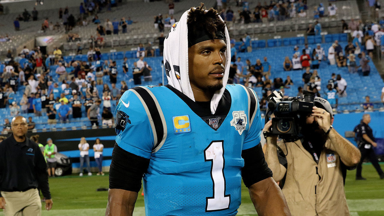 CHARLOTTE, NC - SEPTEMBER 12: Cam Newton (1) quarterback of Carolina during a NFL football game between the Tampa Bay Buccaneers and the Carolina Panthers on September 12, 2019, at Bank of America Stadium in Charlotte, N.C.