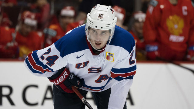 VANCOUVER, BC - JANUARY 4: Mattias Samuelsson #24 of the United States in Semifinals hockey action of the 2019 IIHF World Junior Championship against Russia on January, 4, 2019 at Rogers Arena in Vancouver, British Columbia, Canada.