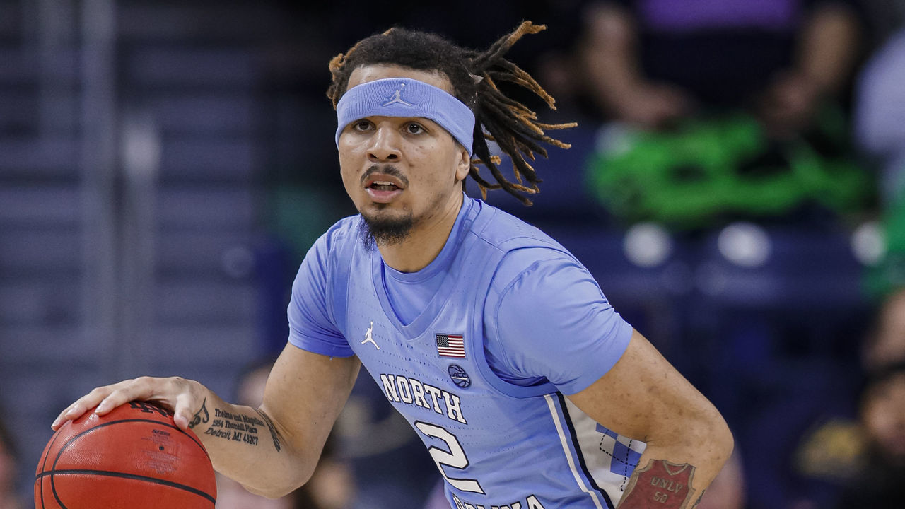 SOUTH BEND, IN - FEBRUARY 17: Cole Anthony #2 of the North Carolina Tar Heels brings the ball up court during the game against the Notre Dame Fighting Irish at Purcell Pavilion on February 17, 2020 in South Bend, Indiana.