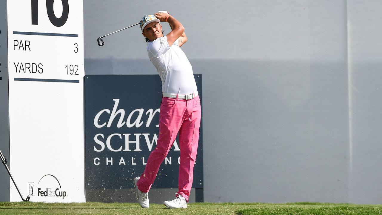 FORT WORTH, TX - MAY 24: Rickie Fowler hits a shot on the sixteenth tee during the second round of the Charles Schwab Challenge at Colonial Country Club on May 24, 2019 in Fort Worth, Texas.
