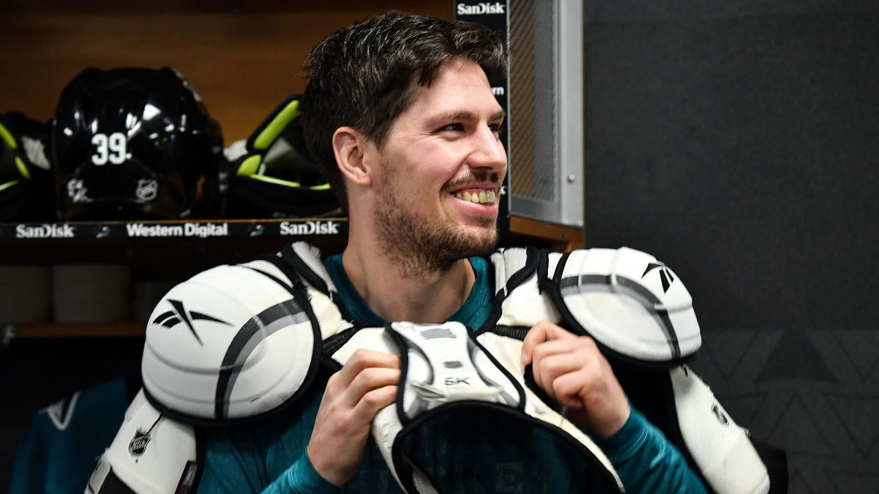 SAN JOSE, CA - MARCH 7: Logan Couture #39 of the San Jose Sharks prepares to take the ice for warmups in the locker room against the Ottawa Senators at SAP Center on March 7, 2020 in San Jose, California.