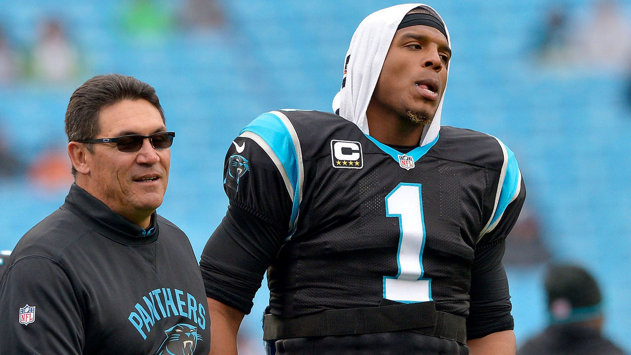 CHARLOTTE, NC - DECEMBER 11: Head coach Ron Rivera and Cam Newton #1 of the Carolina Panthers talk during warm ups against the San Diego Chargers at Bank of America Stadium on December 11, 2016 in Charlotte, North Carolina.