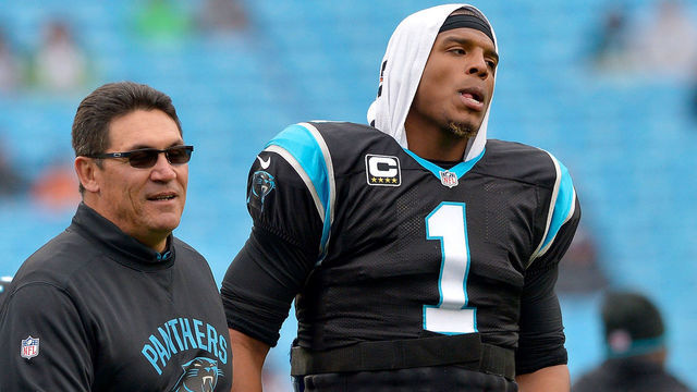 CHARLOTTE, NC - DECEMBER 11: Head coach Ron Rivera and Cam Newton #1 of the Carolina Panthers talk during warm ups against the San Diego Chargers at Bank of America Stadium on December 11, 2016 in Charlotte, North Carolina.