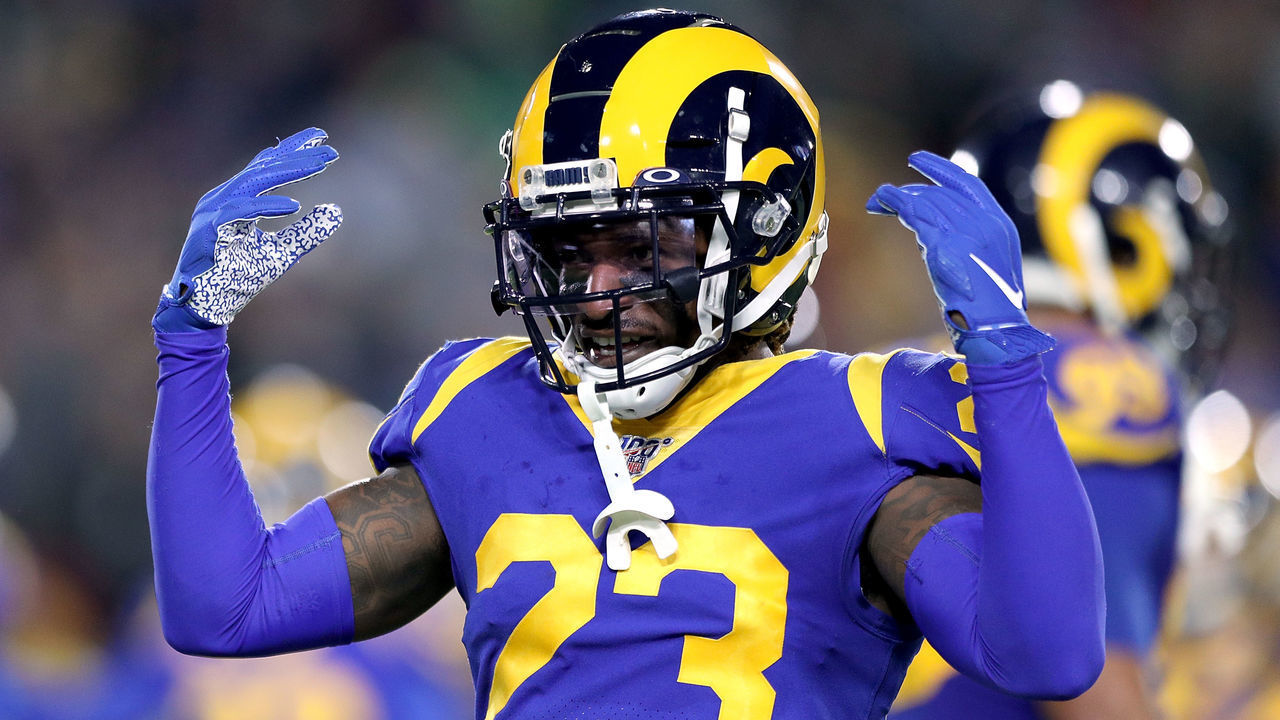 LOS ANGELES, CALIFORNIA - DECEMBER 08: Defensive back Nickell Robey-Coleman #23 of the Los Angeles Rams gestures to the crowd during the game against the Seattle Seahawks at Los Angeles Memorial Coliseum on December 08, 2019 in Los Angeles, California.