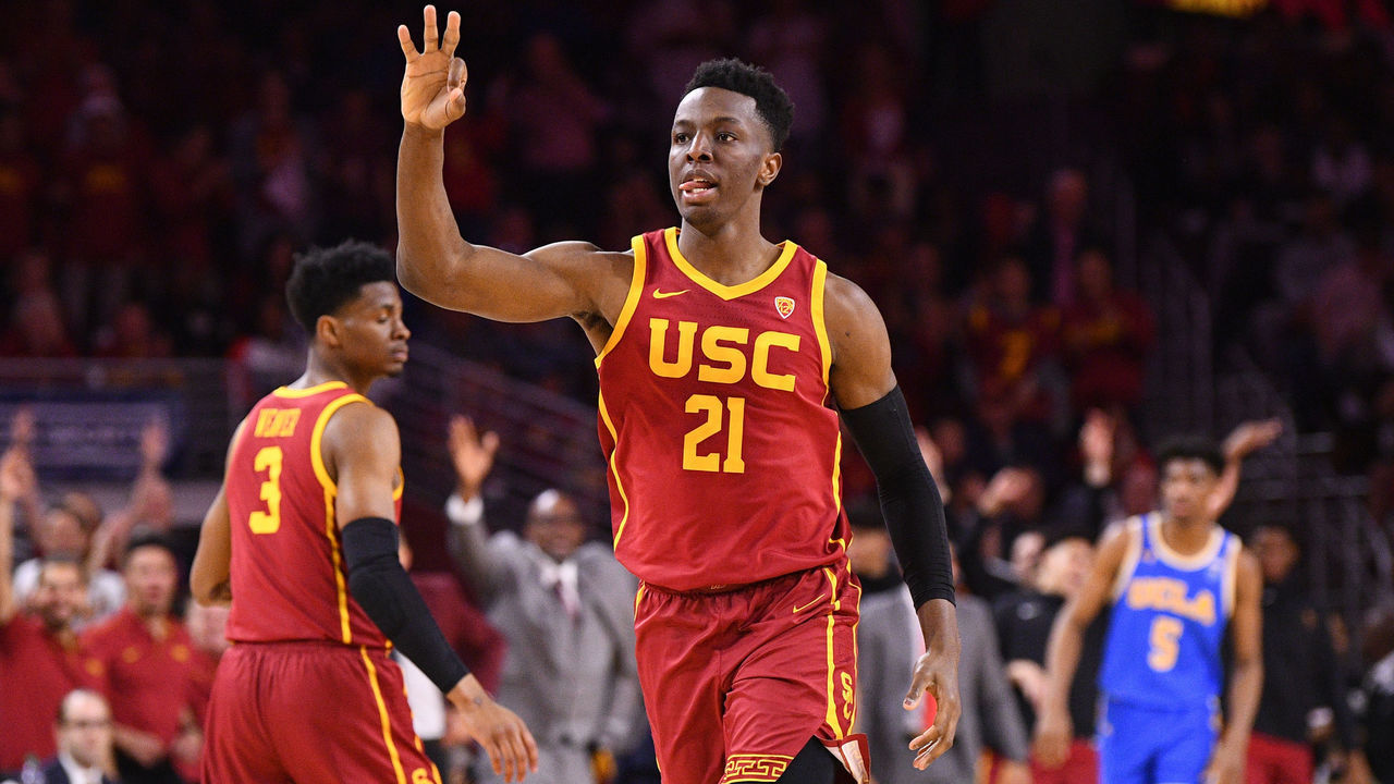 LOS ANGELES, CA - MARCH 07: USC Trojans forward Onyeka Okongwu (21) celebrates a three pointer during the college basketball game between the UCLA Bruins and the USC Trojans on March 7, 2020 at Galen Center in Los Angeles, CA.