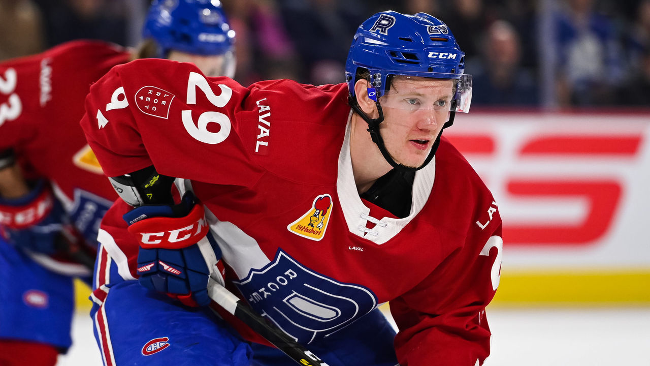 LAVAL, QC - DECEMBER 28: Laval Rocket defenecman Gustav Olofsson (29) waits for a faceoff during the Toronto Marlies versus the Laval Rocket game on December 28, 2019, at Place Bell in Laval, QC