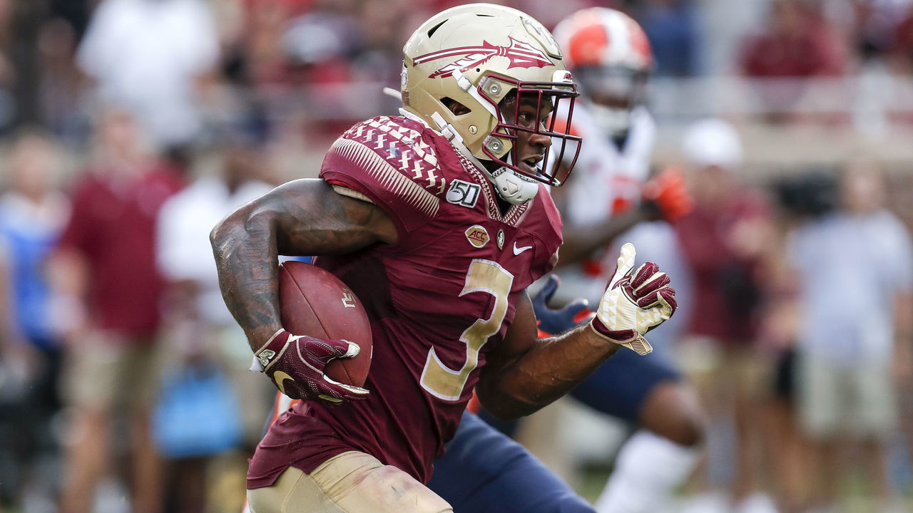 TALLAHASSEE, FL - OCTOBER 26: Runningback Cam Akers #3 of the Florida State Seminoles on a running play during the game against the Syracuse Orange at Doak Campbell Stadium on Bobby Bowden Field on October 26, 2019 in Tallahassee, Florida. The Seminoles defeated the Orange 35 to 17.