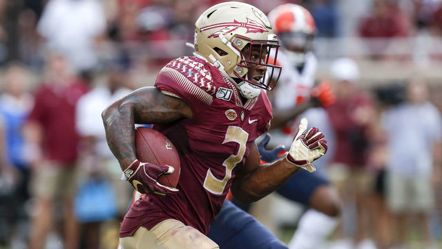 TALLAHASSEE, FL - OCTOBER 26: Runningback Cam Akers #3 of the Florida State Seminoles on a running play during the game against the Syracuse Orange at Doak Campbell Stadium on Bobby Bowden Field on October 26, 2019 in Tallahassee, Florida. The Seminoles defeated the Orange 35 to 17.