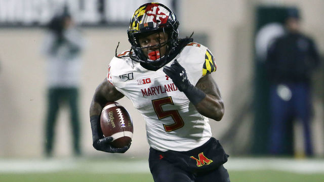 EAST LANSING, MI - NOVEMBER 30: Running back Anthony McFarland Jr. #5 of the Maryland Terrapins carries 63 yards for a touchdown against the Michigan State Spartans during the second half at Spartan Stadium on November 30, 2019, in East Lansing, Michigan. Michigan State defeated Maryland 19-16.