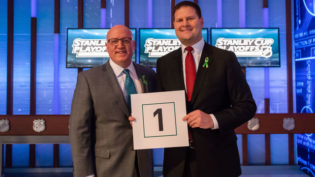 TORONTO, ON - APRIL 28: NHL Deputy Commissioner Bill Daly poses with Buffalo Sabres General Manager Jason Botterill after the Buffalo Sabres won the first overall pick during the NHL Draft Lottery at the CBC Studios on April 28, 2018 in Toronto, Ontario, Canada.