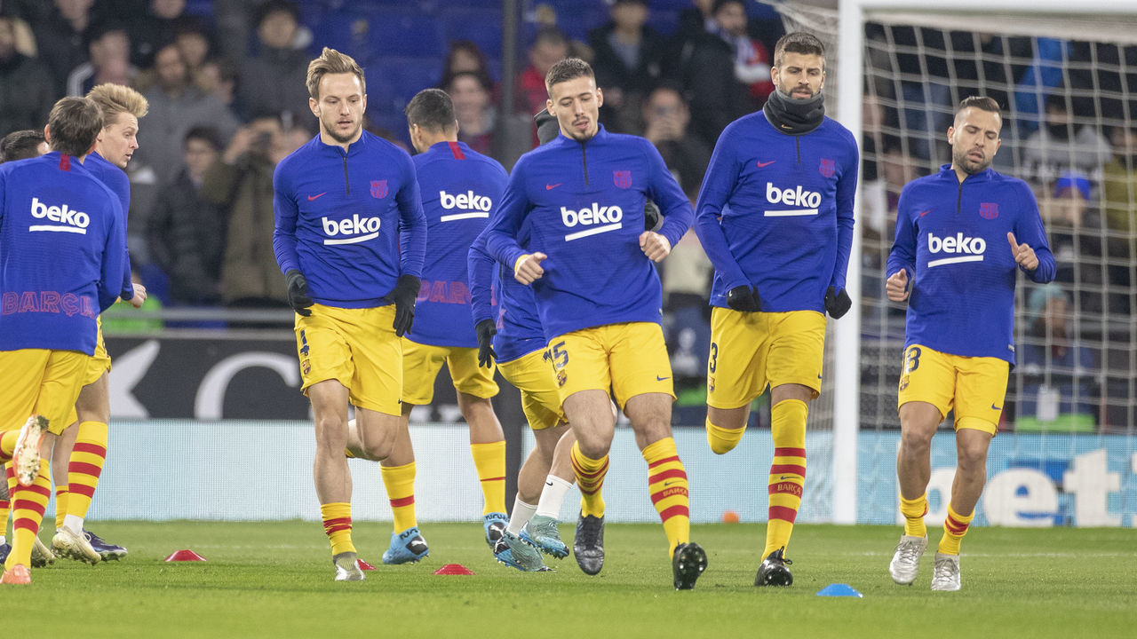 BARCELONA, SPAIN - January 04: The Barcelona team warming up before the Espanyol V Barcelona, La Liga regular season match at RCDE Stadium on January 4th 2020 in Barcelona, Spain.
