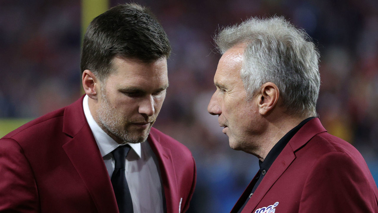 MIAMI, FLORIDA - FEBRUARY 02: Tom Brady of the New England Patriots talks with Hall of Famer Joe Montana prior to Super Bowl LIV between the San Francisco 49ers and the Kansas City Chiefs at Hard Rock Stadium on February 02, 2020 in Miami, Florida.