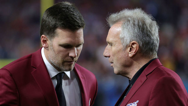 MIAMI, FLORIDA - FEBRUARY 02: Tom Brady of the New England Patriots talks with Hall of Famer Joe Montana prior to Super Bowl LIV between the San Francisco 49ers and the Kansas City Chiefs at Hard Rock Stadium on February 02, 2020 in Miami, Florida.