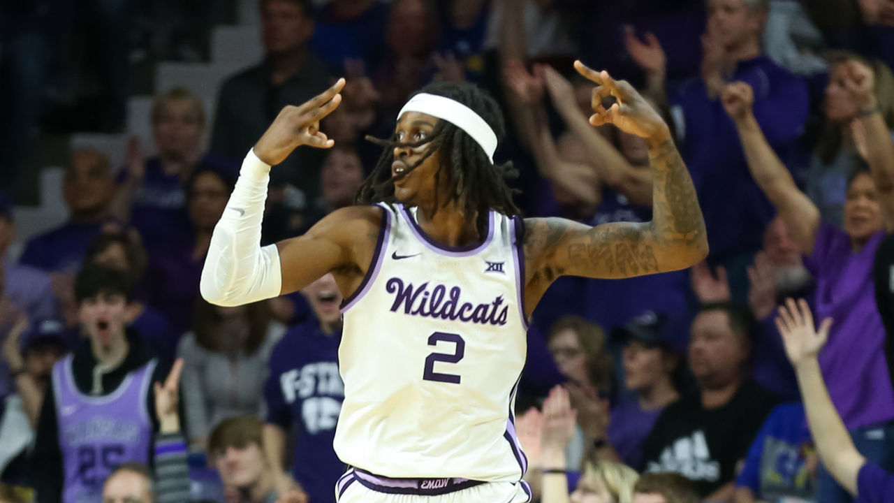 MANHATTAN, KS - FEBRUARY 29: Kansas State Wildcats guard Cartier Diarra (2) holds up three fingers after making a three in the second half of a Big 12 basketball game between the Kansas Jayhawks and Kansas State Wildcats on February 29, 2020 at Bramlage Coliseum in Manhattan, KS.