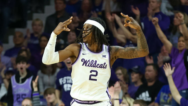 MANHATTAN, KS - FEBRUARY 29: Kansas State Wildcats guard Cartier Diarra (2) holds up three fingers after making a three in the second half of a Big 12 basketball game between the Kansas Jayhawks and Kansas State Wildcats on February 29, 2020 at Bramlage Coliseum in Manhattan, KS.