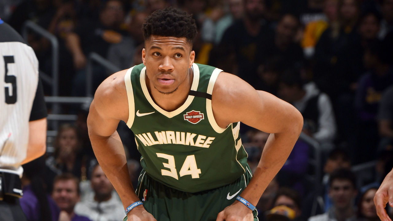 LOS ANGELES, CA - MARCH 6: Giannis Antetokounmpo #34 of the Milwaukee Bucks looks on during the game against the Los Angeles Lakers on March 6, 2020 at STAPLES Center in Los Angeles, California. NOTE TO USER: User expressly acknowledges and agrees that, by downloading and/or using this Photograph, user is consenting to the terms and conditions of the Getty Images License Agreement. Mandatory Copyright Notice: Copyright 2020 NBAE