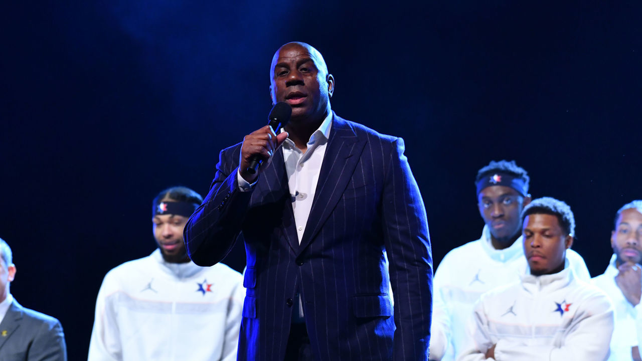 CHICAGO, IL - FEBRUARY 16: NBA Legend, Magic Johnson speaks before the 69th NBA All-Star Game on February 16, 2020 at the United Center in Chicago, Illinois. Mandatory Copyright Notice: Copyright 2020 NBAE