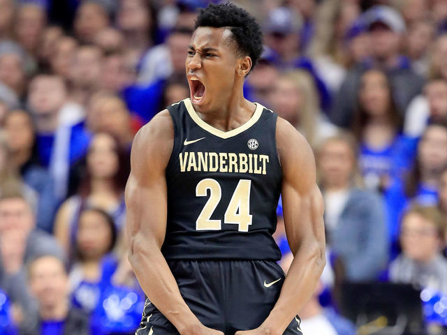 LEXINGTON, KY - JANUARY 12: Aaron Nesmith #24 of the Vanderbilt Commodores celebrates in the game against the Kentucky Wildcats at Rupp Arena on January 12, 2019 in Lexington, Kentucky.