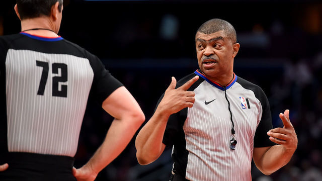WASHINGTON, DC - MARCH 06: Referee Tony Brothers #25 speaks with referee J.T. Orr #72 during the first half of the game between the Washington Wizards and the Atlanta Hawks at Capital One Arena on March 06, 2020 in Washington, DC.