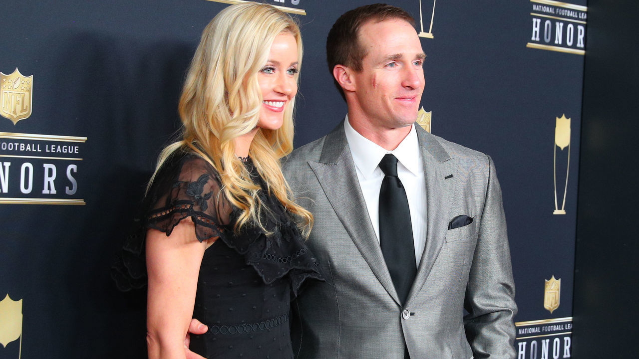 MINNEAPOLIS, MN - FEBRUARY 03: Drew Brees and his wife Brittany pose for photographs on the Red Carpet at NFL Honors during Super Bowl LII week on February 3, 2018, at Northrop at the University of Minnesota in Minneapolis, MN.