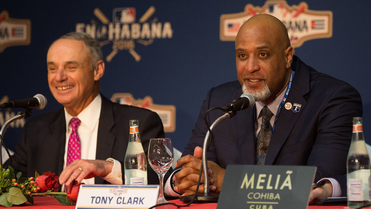 HAVANA - MARCH 21: Major League Baseball Commissioner Robert D. Manfred Jr. and Major League Baseball Players Association Executive Director Tony Clark are seen during a press conference on Monday, March 21, 2016 at Melia Cohiba Hotel in Havana, Cuba.