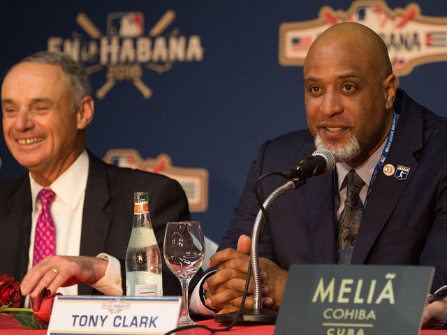 HAVANA - MARCH 21: Major League Baseball Commissioner Robert D. Manfred Jr. and Major League Baseball Players Association Executive Director Tony Clark are seen during a press conference on Monday, March 21, 2016 at Melia Cohiba Hotel in Havana, Cuba.